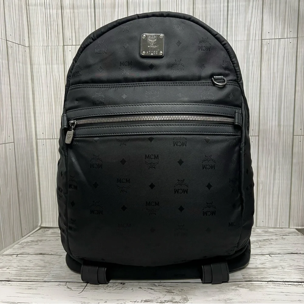 MCM Stark Backpack Black Nylon Logo Print Medium Unisex Designer Travel Bag